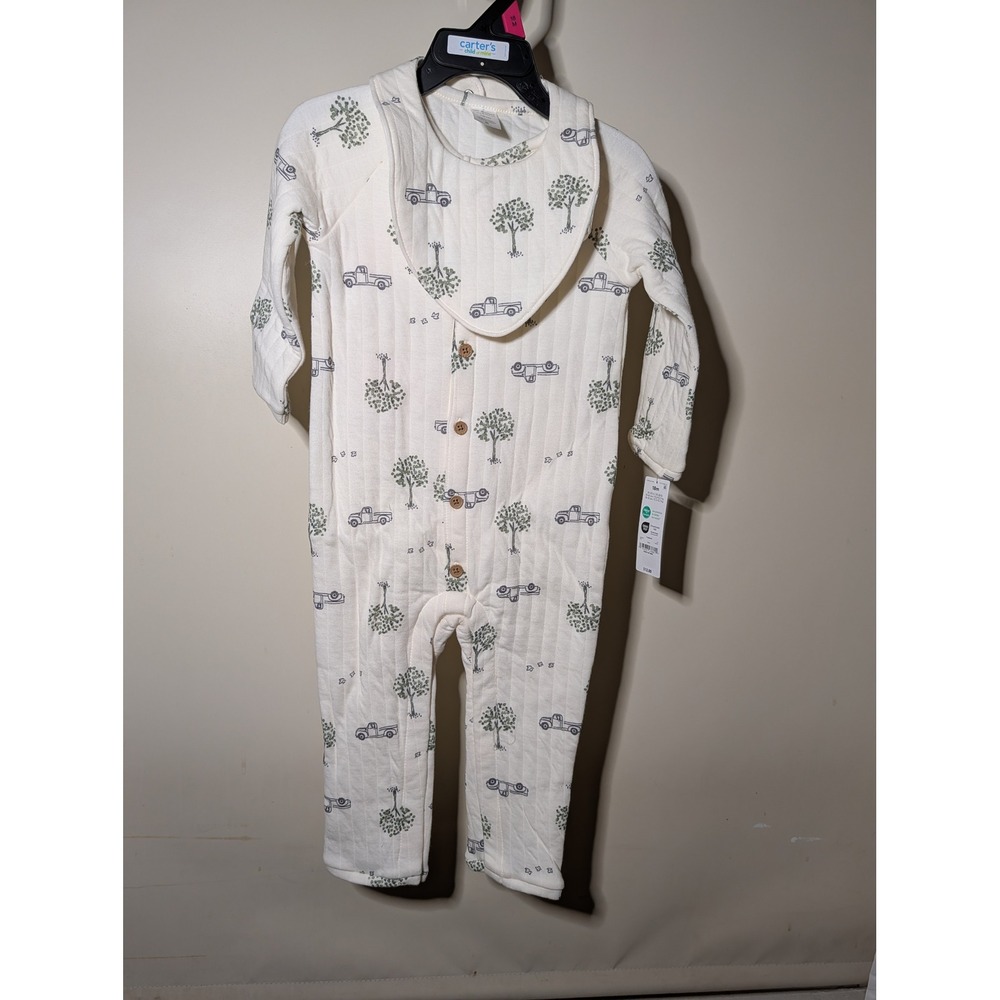 Carters Child of Mine Quilted Jumpsuit and Bib Set Truck Tree Print 18M NWT